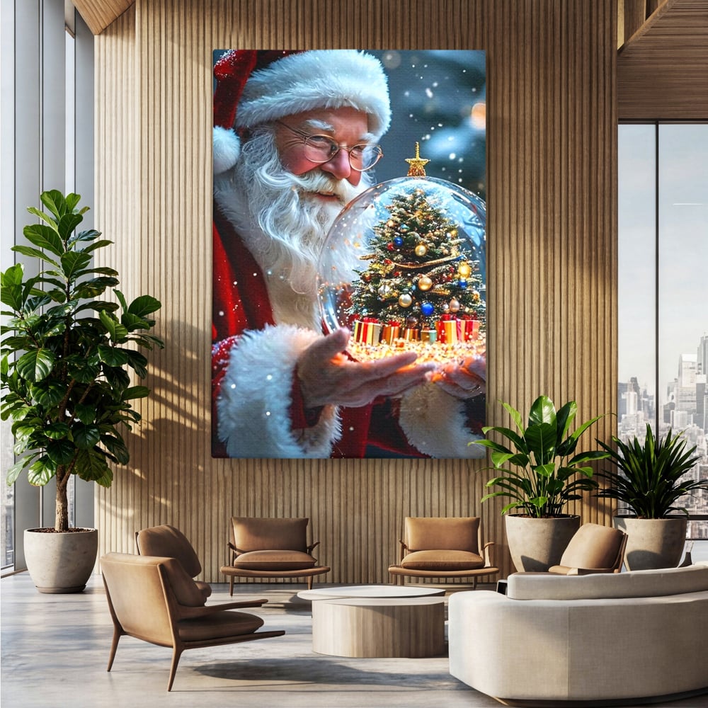 Tablou canvas cu tablou canvas cu mos craciun, fara rama, pe sasiu de lemn, pe perete intr-un birou